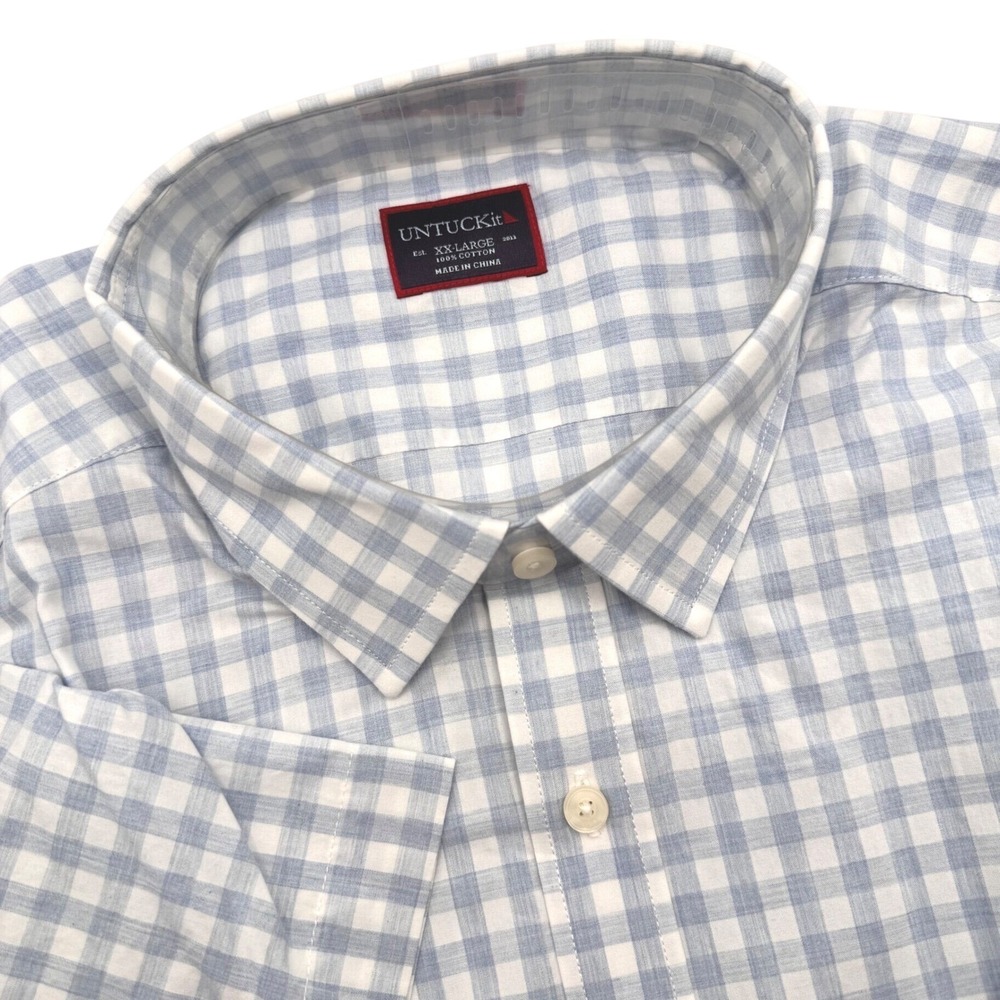 UNTUCKit Clarke 2XL XXL Blue White Gingham Short Sleeve Button Down Shirt New
